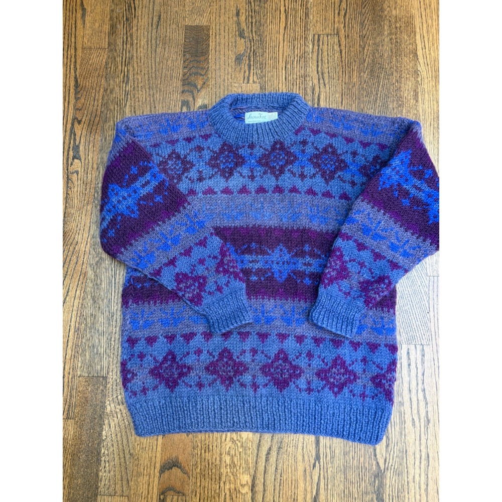 Snowfox Vintage Himalayan 100% Wool Hand Knit Sweater M Fair Isle Cabincore